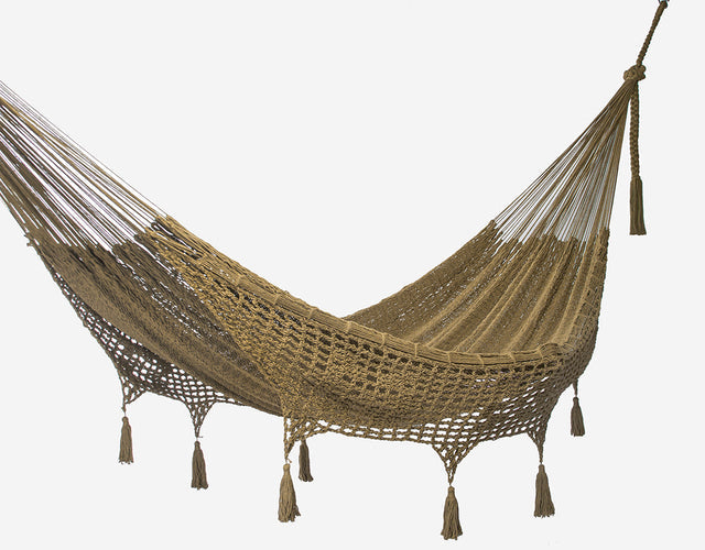 Outdoor undercover cotton Mayan Legacy hammock with hand crocheted tassels King Size Cedar