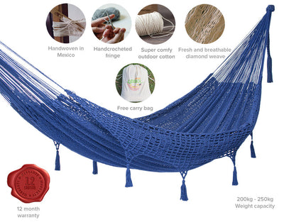 Outdoor undercover cotton Mayan Legacy hammock with hand crocheted tassels Queen Size Blue