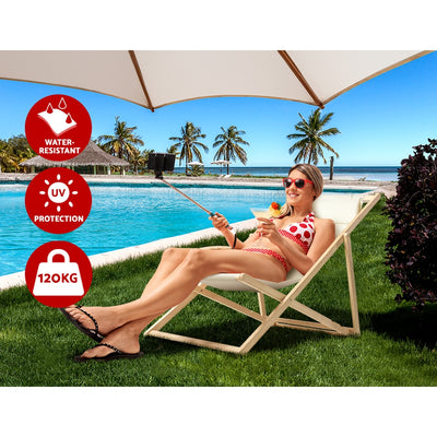 Gardeon Outdoor Deck Chair Wooden Sun Lounge Folding Beach Patio Furniture Beige