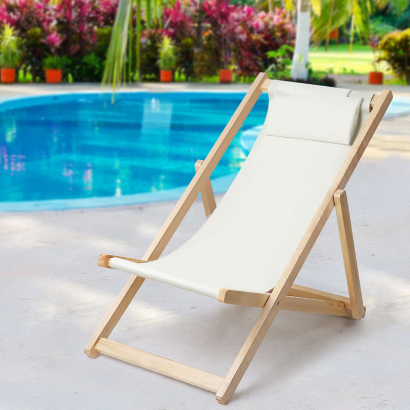 Gardeon Outdoor Deck Chair Wooden Sun Lounge Folding Beach Patio Furniture Beige