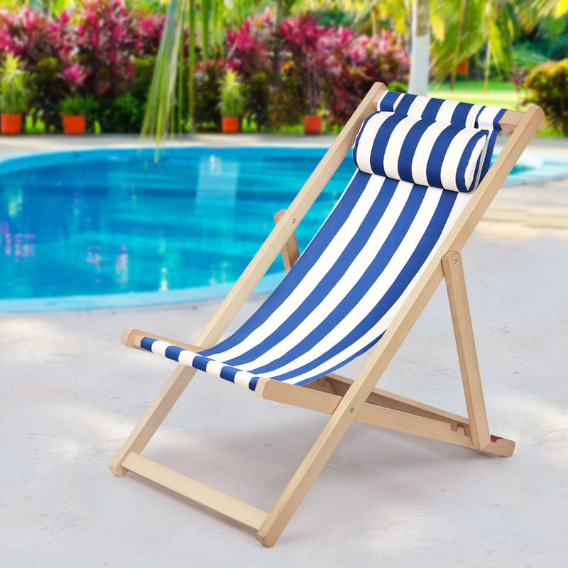 Gardeon Outdoor Deck Chair Wooden Sun Lounge Folding Beach Patio Furniture Blue