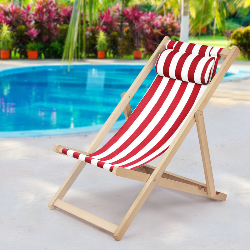 Gardeon Outdoor Deck Chair Wooden Sun Lounge Folding Beach Patio Furniture Red