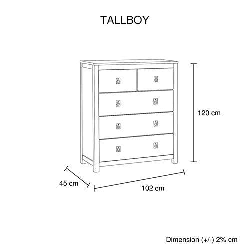 4 Pieces Bedroom Suite with Solid Acacia Wood Veneered Construction in Queen Size White Ash Colour Bed, Bedside Table & Tallboy