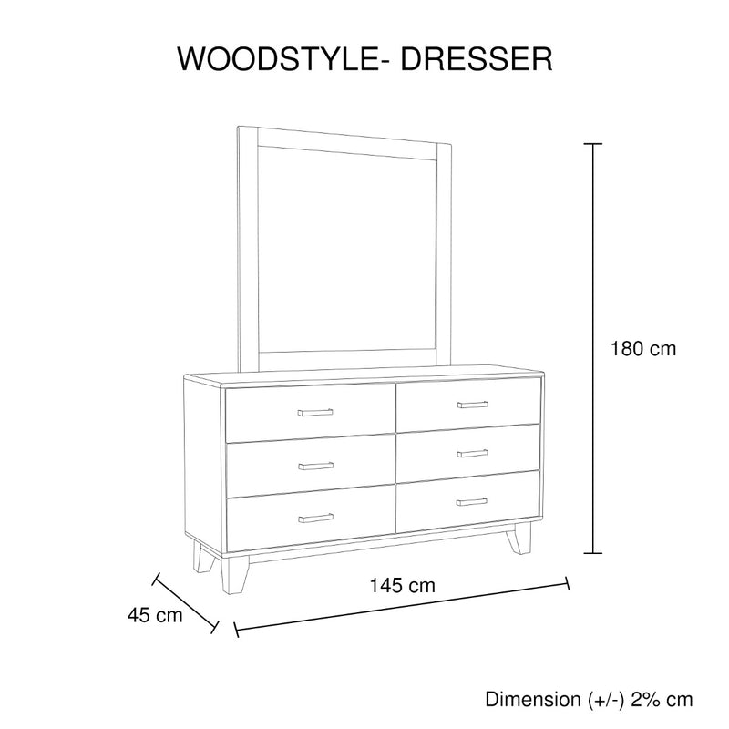 Dresser with 6 Storage Drawers in Solid Acacia With Mirror in Vintage Light Brown Colour