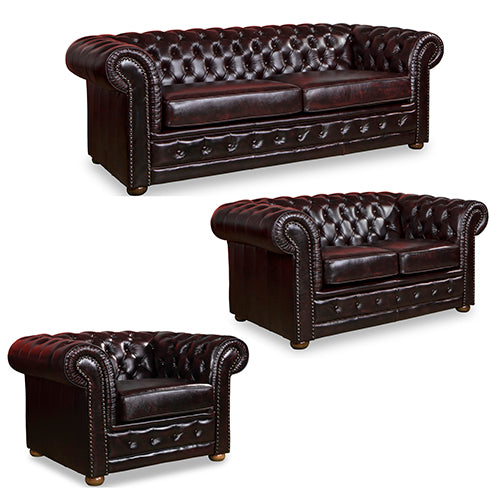 3+2+1 Seater Genuine Leather Upholstery Deep Quilting Pocket Spring Button Studding Sofa Lounge Set for Living Room Couch In Burgandy Colour